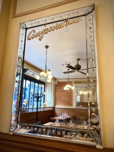 Mirror and old menu at Polidor, historic restaurant in Paris